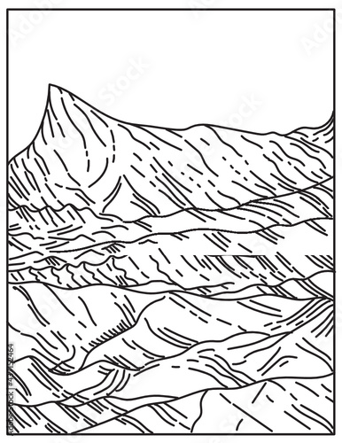 Mono line illustration of Death Valley National Park that straddles the California Nevada border, east of the Sierra Nevada, United States done in retro black and white monoline line art style.