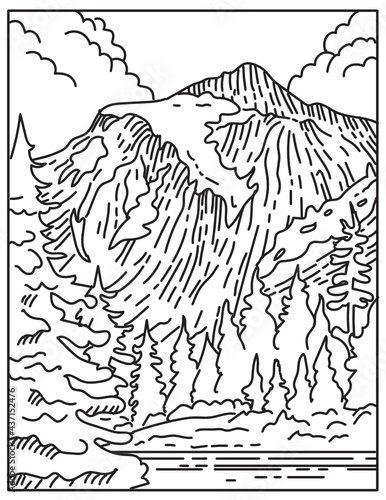 Mono line illustration of North Cascades National Park located in northern Washington State, United States of America done in retro black and white monoline line art style.
