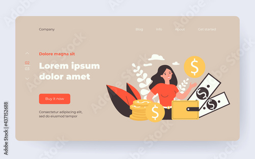 Happy female entrepreneur surrounded money and showing gold coin isolated flat vector illustration. Cartoon bank consumer refinancing loan. Personal financial target and business concept
