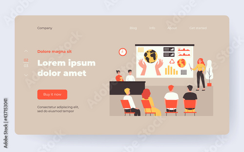 Female speaker standing in front of presentation isolated flat vector illustration. Cartoon audience listening international ecological scientific conference. Business and media forum concept