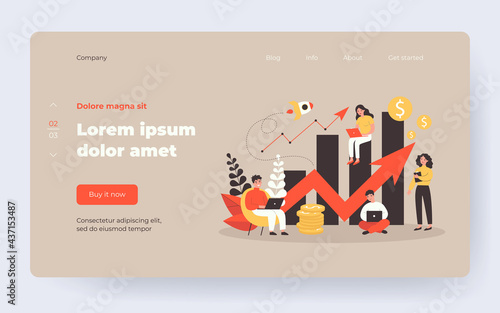 Startup team with laptops analyzing growth chart. Tiny sales managers using computers at increase diagrams and rocket. Vector illustration for successful business project, finance, analysis concept