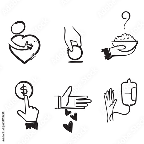 hand drawn doodle Set of Donations and Charity Related Vector icon illustration