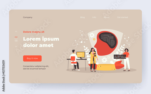 Scientists creating artificial intelligence, writing codes, programming machine learning. Vector illustration for data science, computer technology, ai concept