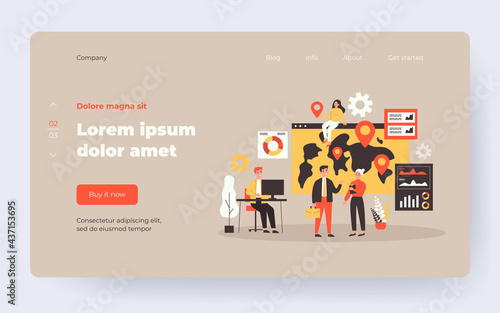 Team of professionals doing global business research. Business people near world map with pointers. Vector illustration for international development, company extension, marketing concept
