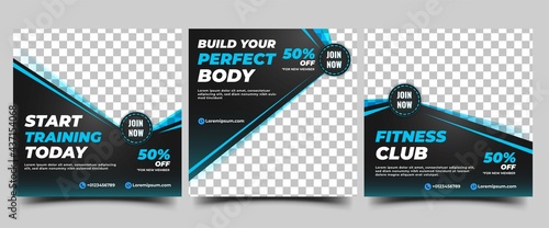 Gym, Fitness, and Workout Social Media Post Template. Editable banner design with place for the photo. Usable for Social media, Banners, and websites.