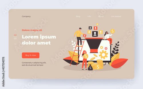 Bloggers generating new leads and getting money from inbound subscribers. Influencers funnel converting audience into income. Vector illustration for social media marketing, earning, blogging concept
