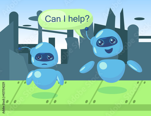Cute robot character offering help to sad bot illustration. Happy cartoon cyborg comforting upset machine, futuristic city. Modern robots, communication, artificial intelligence concept