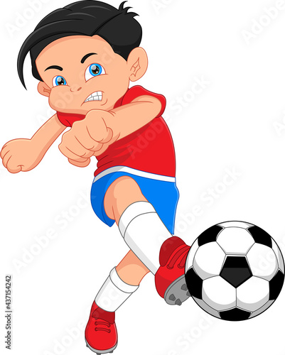 cartoon boy playing soccer and kicking the ball