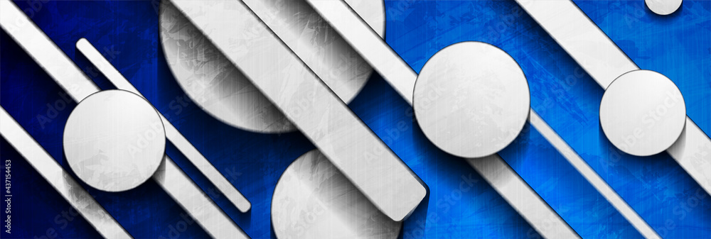 Blue grunge abstract banner with grey circles and stripes. Geometric vector background Blue grunge abstract banner with grey circles and stripes. Geometric vector background