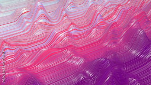 3d render. Shining purple surface, bright colorful background. Beautiful abstract background of waves on surface, color gradients, extruded lines as striped fabric surface with folds or waves