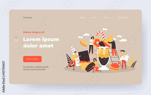 Happy tiny women and men among huge chocolate dessert dishes flat vector illustration. Cartoon characters eating sweet food. Bakery factory and pastry concept