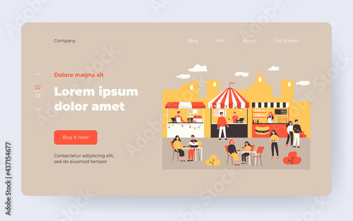 People eating at street food court, visiting festival in park, buying fast food in kiosks. Vector illustration for food market, summer, catering concept
