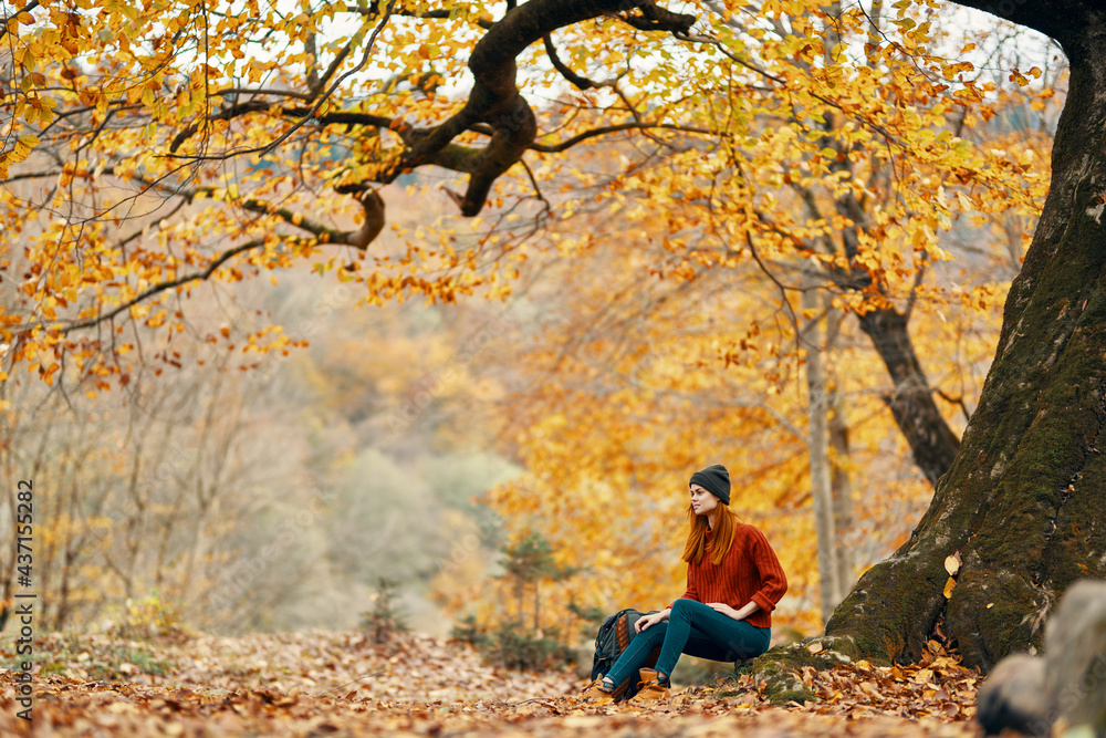 travel tourism woman model in autumn forest falling leaves landscape nature park travel tourism woman model in autumn forest falling leaves landscape nature park