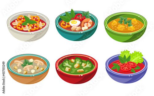 Set of soups in bowls. Gazpacho, curry, broccoli, mushroom cream soup isolated on white background. Ideas for lunch or dinner. Food concept for banner, flyer designs