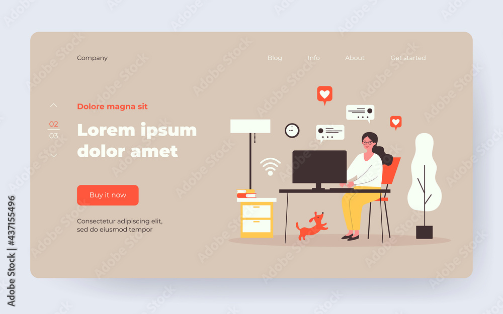 Woman using computer and chatting online at home. Blogger, pet, getting likes flat vector illustration. Social media, blog, communication concept for banner, website design or landing web page Woman using computer and chatting online at home. Blogger, pet, getting likes flat vector illustration. Social media, blog, communication concept for banner, website design or landing web page