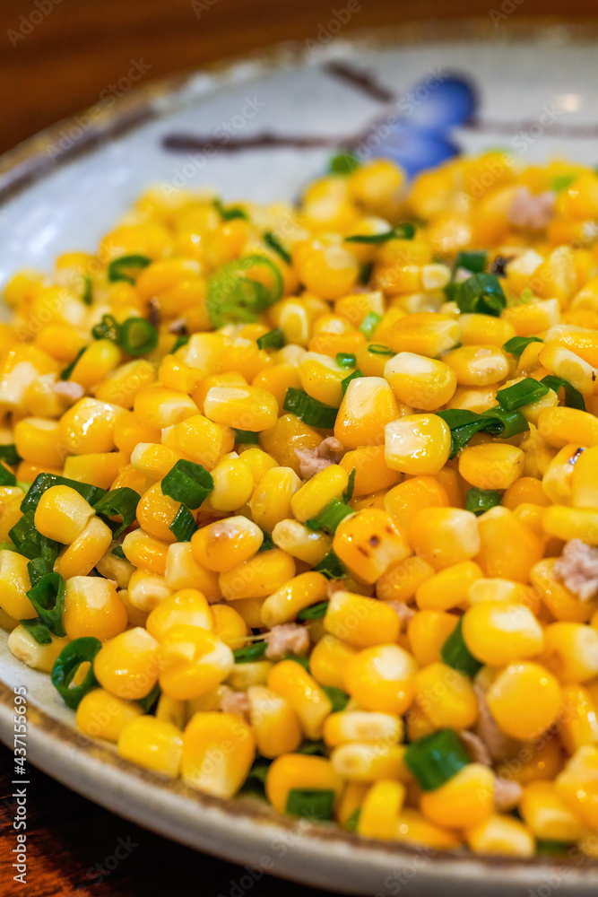 A delicious Chinese dish, fried corn with minced meat A delicious Chinese dish, fried corn with minced meat