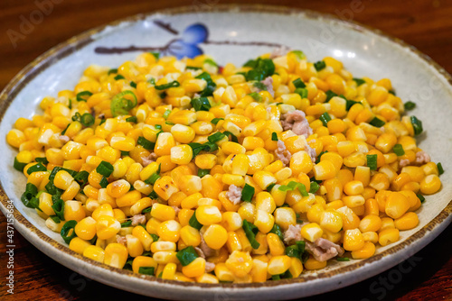 A delicious Chinese dish, fried corn with minced meat