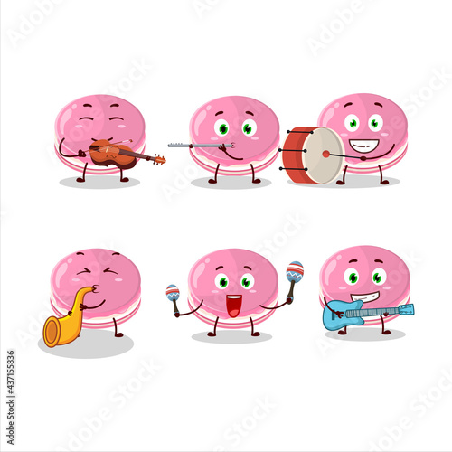Cartoon character of strawberry dorayaki playing some musical instruments