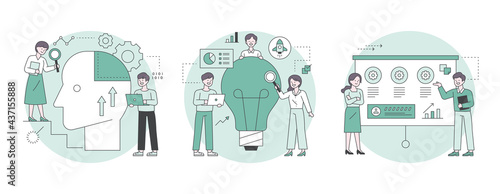 People doing analysis looking at human head and huge light bulb infographic chart. Outline flat design style minimal vector illustration set.
