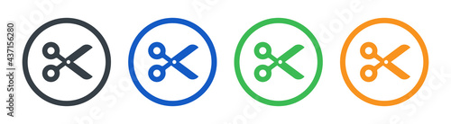 Scissors icon isolated on white background. Tailor symbol. Cutting tool sign. Circle button. Vector