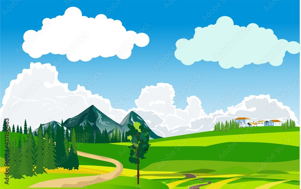 Countryside landscape, mounatins and gold and green fields, forest, farmland, bridge and village houses, outdoor theme vector illustration