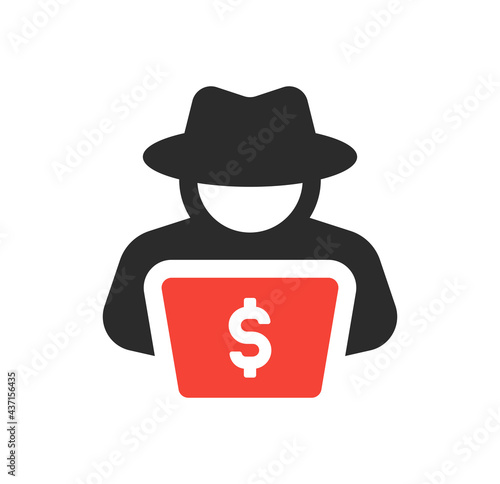 Computer hacker with laptop icon. Fraud, crime, steal money.