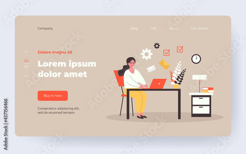 Freelancer emailing at night. Woman working at laptop, sending and receiving letters flat vector illustration. Freelance, time management concept for banner, website design or landing web page