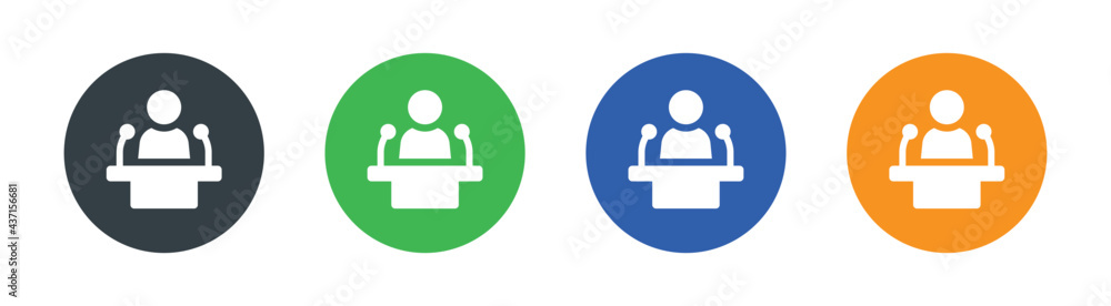 Podium icons set. Male person on podium symbol for business meeting with microphone symbol. Podium icons set. Male person on podium symbol for business meeting with microphone symbol.
