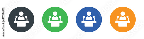 Podium icons set. Male person on podium symbol for business meeting with microphone symbol. 