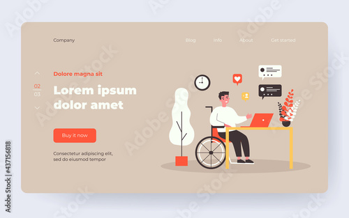 Disabled guy in wheelchair chatting online. Man at laptop, dialog bubble, like flat vector illustration. Communication, social media, disability concept for banner, website design or landing web page
