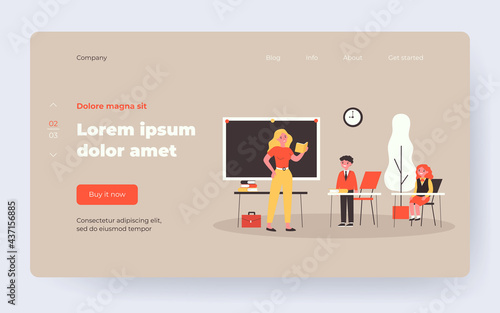 Teacher asking pupil in class. Lesson, kids in uniform, classroom flat vector illustration. Back to school, education, teaching concept for banner, website design or landing web page