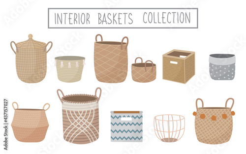 Set of hand drawn interior wicker, woven, rattan, wood baskets. Trendy empty storage items in doodle style. Traditional basket vector illustration.