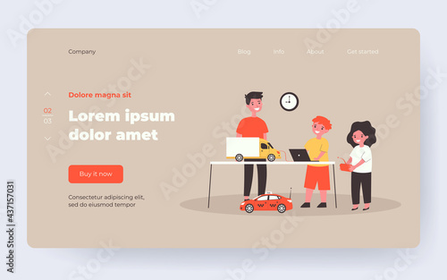 Children programming radio-controlled toy cars. Computer, remote control, playing kids flat vector illustration. Childhood or robotics class concept for banner, website design or landing web page