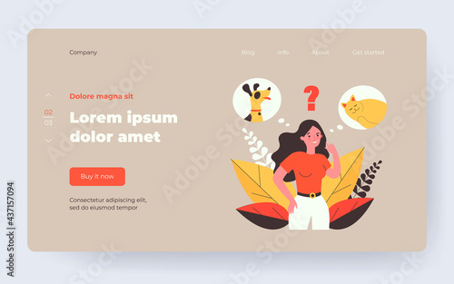 Woman choosing between cat and dog. Thought bubble, choice, dilemma flat vector illustration. Pet adoption, domestic animal concept for banner, website design or landing web page