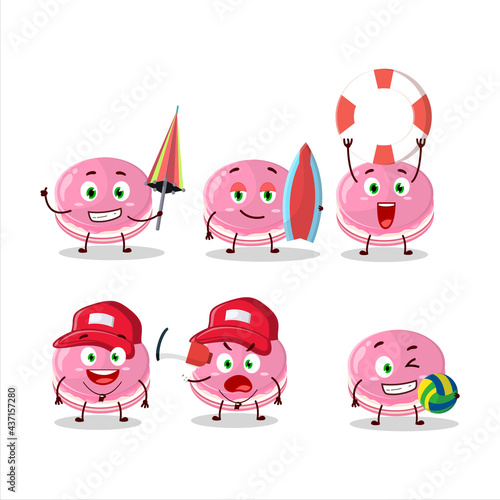 Happy Face strawberry dorayaki cartoon character playing on a beach