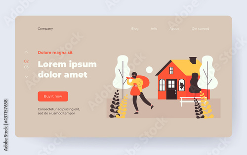 Burglar in balaclava carrying bags from house. Thief, gangster, broken window flat vector illustration. Crime or burglary concept for banner, website design or landing web page
