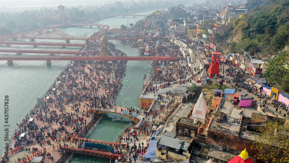Pilgrims Holy dip in river Ganges, The Home of Pilgrims in India, Kumbh Nagri Haridwar Uttarakhand India.Religious Nagri Haridwar, The Highly visited pilgrimage place in India. City of Holy River