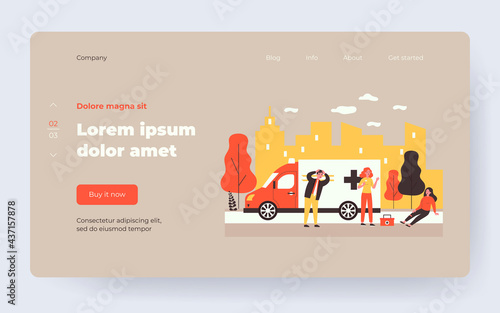 Ambulance brigade arriving to assist injured person. Woman with broken leg sitting outside flat vector illustration. Emergency, first aid concept for banner, website design or landing web page