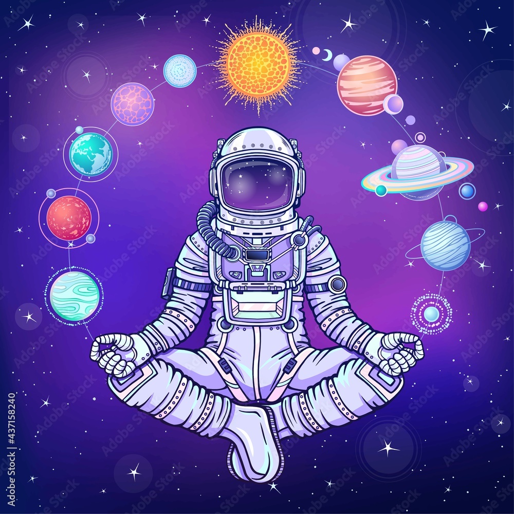 Animation Astronaut in a space suit holds planets of the solar system.  Vector illustration. Background - night star sky. Stock Vector | Adobe Stock