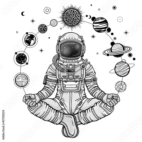 Monochrome drawing: animation Astronaut in a space suit holds planets of the solar system. Vector illustration isolated on a white background. Print, poster, t-shirt, card.