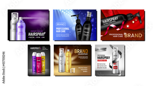 Hairspray Creative Promotional Posters Set Vector. Hairspray Different Blank Sprayers Bottles Collection Advertising Banners. Elegant Hairstyle Cosmetic Stylish Concept Template Illustrations