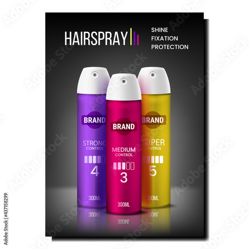 Hairspray Cosmetic Creative Promo Banner Vector. Hairspray Blank Packages Sprayer On Advertising Poster. Hairdresser Aerosol For Make Client Fashion Hairdo Style Concept Template Illustration