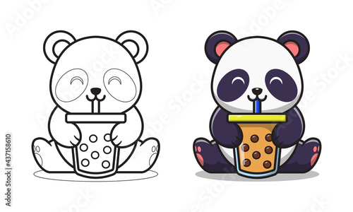 Cute panda drinking bubble tea cartoon coloring pages for kids