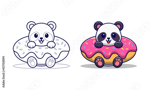 Cute panda with donuts cartoon coloring page for kids