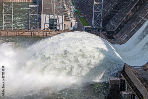 Water discharge to hydroelectric power station, Russia, Krasnoyarsk hydroelectric power station, Yenisei river