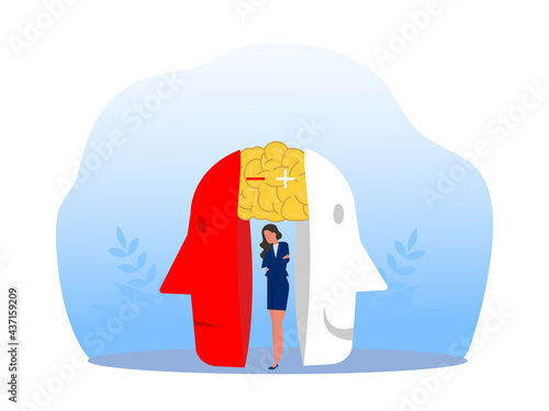 Imposter syndrome; masks with happy or sad expressions.Bipolar disorder; fake faces and emotions. Psychology; false behavior or deceiver.vector illustrator