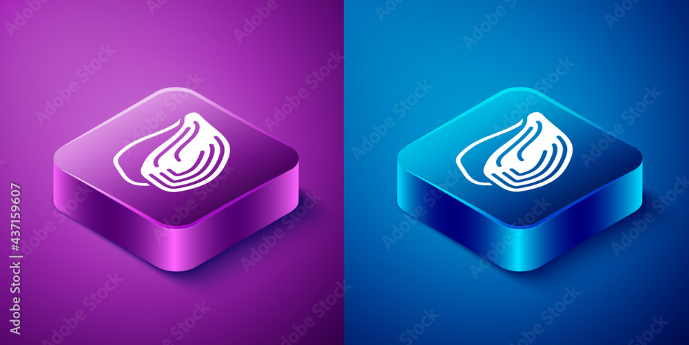 Isometric Mussel icon isolated on blue and purple background. Fresh delicious seafood. Square button. Vector Isometric Mussel icon isolated on blue and purple background. Fresh delicious seafood. Square button. Vector