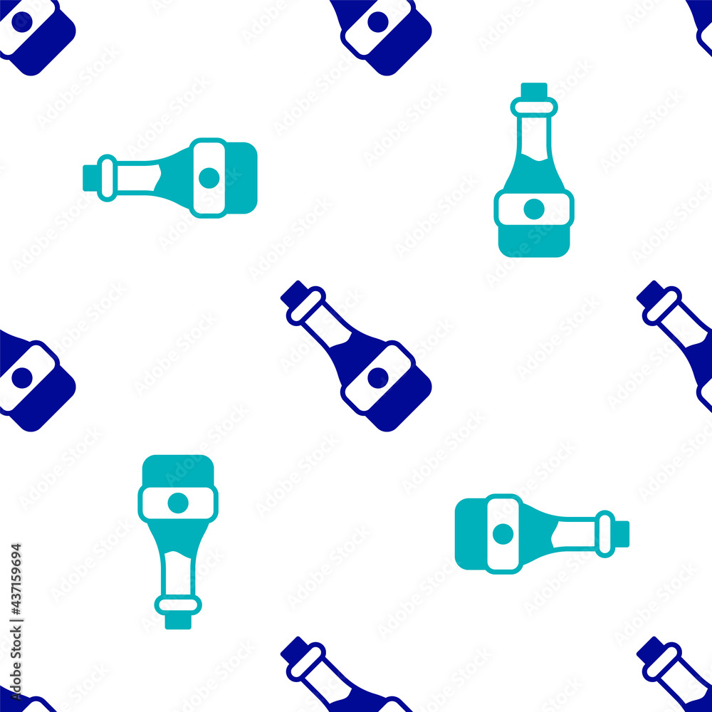 Blue Soy sauce bottle icon isolated seamless pattern on white background. Vector
