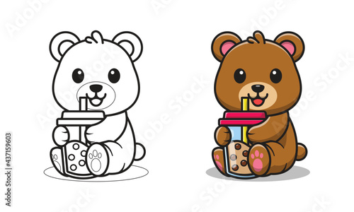 Cute bear with bubble tea cartoon coloring pages © Three Light