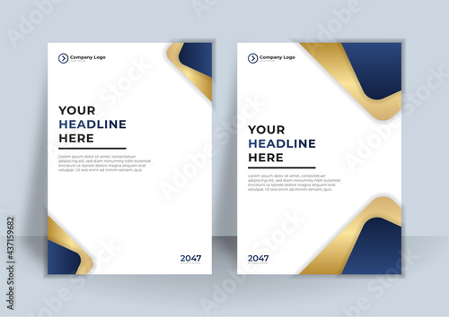 Abstract blue gold and white cover business background. Set of abstract round shape graphic elements on blue background for Brochure, Flyer, Poster, leaflet, Annual report, Book cover, Graphic Design